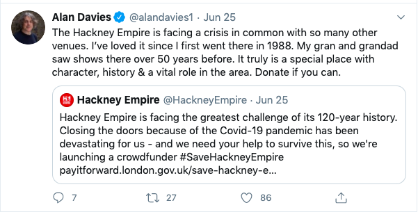 A tweet by Alan Davies showing support for the Hackney Empire crowdfunding campaign